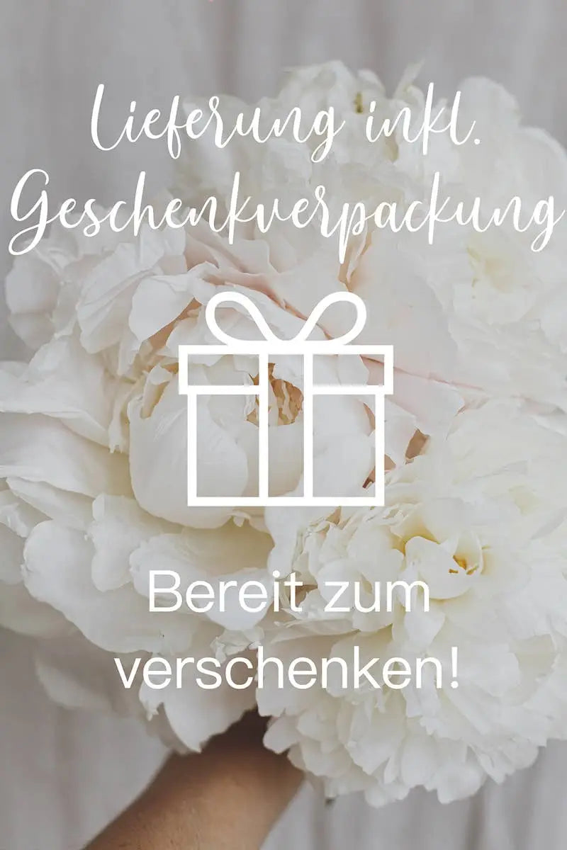 Hand holding a bouquet of white flowers with overlaid text in German and a gift box icon, promoting delivery including gift wrapping, ready for gifting, featuring Einzelstück - 14K Gold Plated Italian Rose Gold Bracelet - Rose Gold Bracelet- Gold Bracelet Gift for Women.
