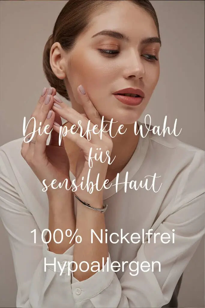 Portrait of a woman with delicate makeup and neatly styled hair wearing a white blouse, highlighting skin-friendly features with text overlay promoting "Einzelstück - 14K Rose Gold Plated HummingBird Necklace - HummingBird Necklace - Gold Necklaces Gift for Women" as perfect for sensitive skin, 100% nickel-free and hypoallergenic.