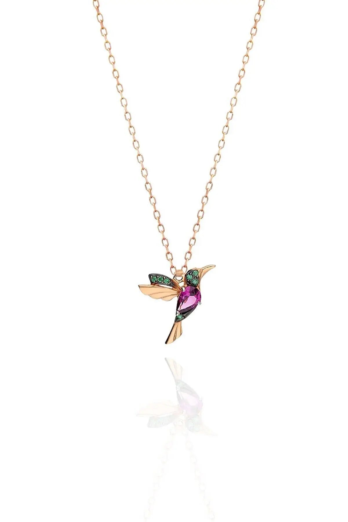 Einzelstück - 14K Rose Gold Plated HummingBird Necklace - HummingBird Necklace - Gold Necklaces Gift for Women featuring a delicate hummingbird pendant with green and purple accents on a rose gold chain.