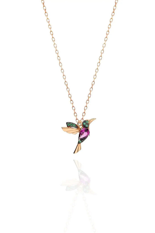 Einzelstück - 14K Rose Gold Plated HummingBird Necklace - HummingBird Necklace - Gold Necklaces Gift for Women featuring a delicate hummingbird pendant with green and purple accents on a rose gold chain.