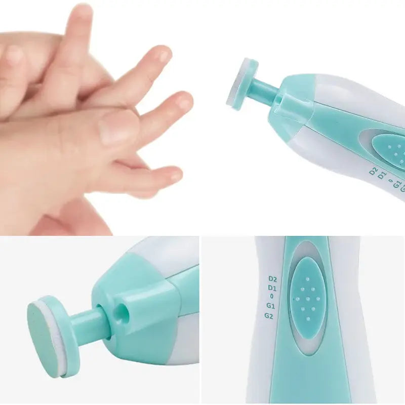 Electric Baby Nail File, Gentle Baby Electric Nail Trimmer, Electric Baby Nail Clipper with 7 Grinding Head Replacement Pads showing close up on baby's fingers and different angles of the mint green and white device with grinding heads.