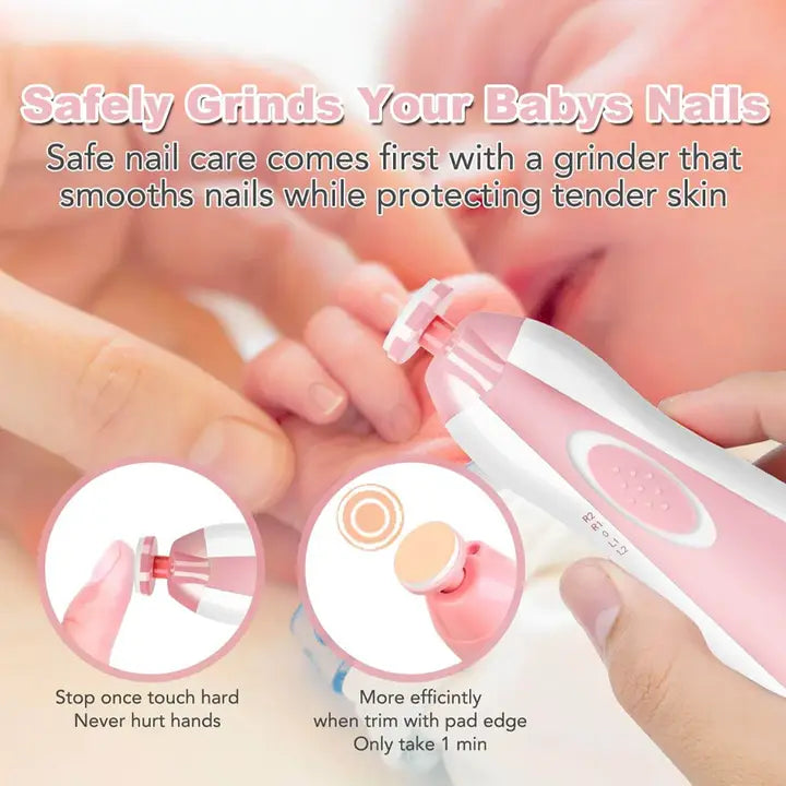 Electric Baby Nail File, Gentle Baby Electric Nail Trimmer, Electric Baby Nail Clipper with 7 Grinding Head Replacement Pads gently smoothing a baby's nails with safe grinder to protect tender skin.