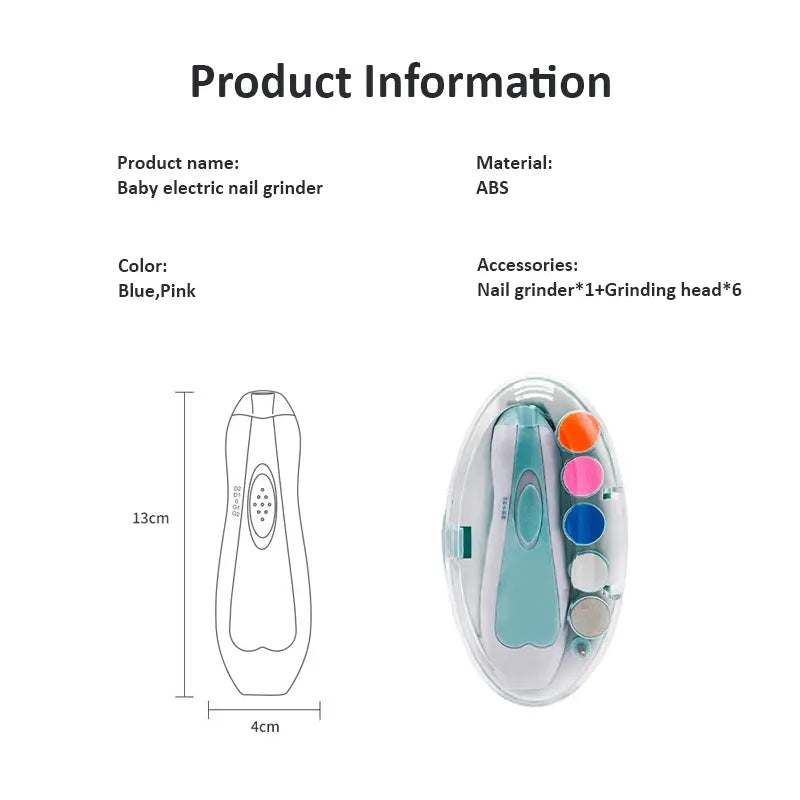 Electric Baby Nail File, Gentle Baby Electric Nail Trimmer, Electric Baby Nail Clipper with 7 Grinding Head Replacement Pads in blue with compact design and multiple grinding heads for safe baby nail care.