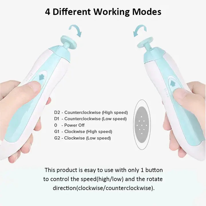 Hands holding a white and blue Electric Baby Nail File, Gentle Baby Electric Nail Trimmer, Electric Baby Nail Clipper with 7 Grinding Head Replacement Pads, demonstrating the device’s rotating top and speed control with one button featuring 4 different working modes for clockwise and counterclockwise rotation at high and low speeds.