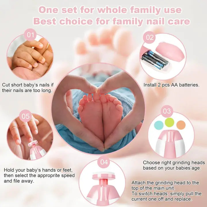 Instructional image showing step-by-step usage for "Electric Baby Nail File, Gentle Baby Electric Nail Trimmer, Electric Baby Nail Clipper with 7 Grinding Head Replacement Pads," including cutting nails, installing batteries, selecting grinding heads by age, attaching the grinding head, and adjusting speed while holding the baby's hands or feet.
