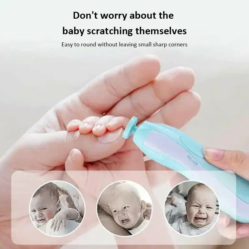 Hand holding a baby's tiny foot while using the Electric Baby Nail File, Gentle Baby Electric Nail Trimmer, Electric Baby Nail Clipper with 7 Grinding Head Replacement Pads to gently round nails, preventing scratches.