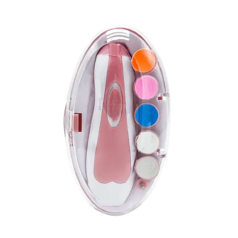 Electric Baby Nail File, Gentle Baby Electric Nail Trimmer, Electric Baby Nail Clipper with 7 Grinding Head Replacement Pads in a clear oval case, featuring a pink and white nail care device and colorful replacement pads.