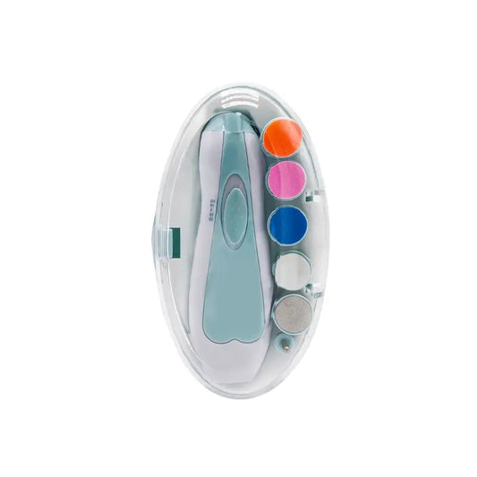 Electric Baby Nail File, Gentle Baby Electric Nail Trimmer, Electric Baby Nail Clipper with 7 Grinding Head Replacement Pads in a clear protective case with multiple colorful grinding pads.