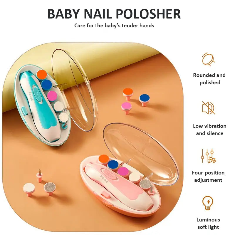 Electric Baby Nail File, Gentle Baby Electric Nail Trimmer, Electric Baby Nail Clipper with 7 Grinding Head Replacement Pads in blue and pink with storage cases and various polishing heads on a beige background.