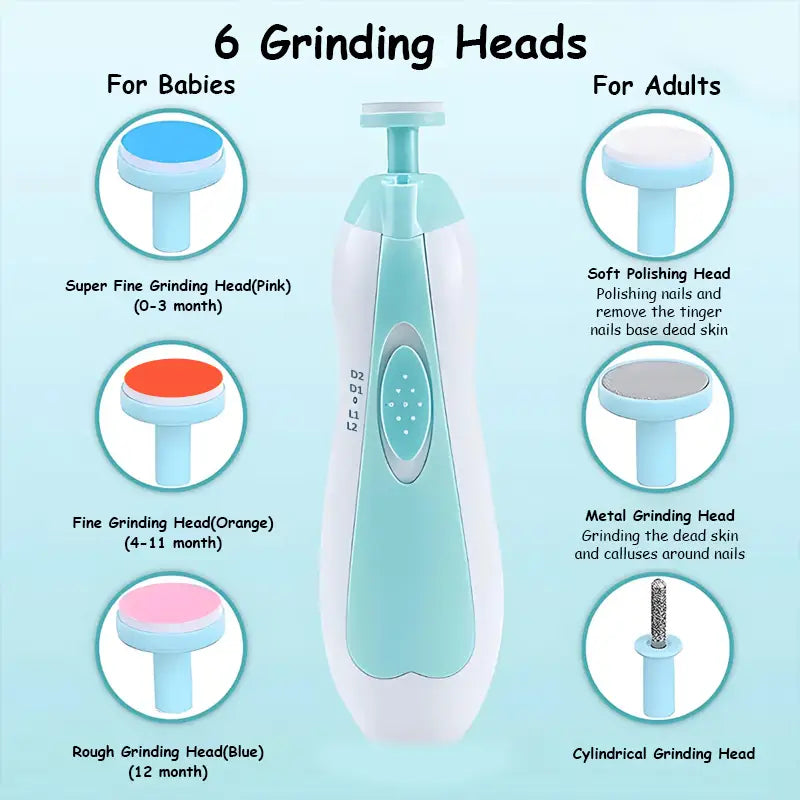 Electric Baby Nail File, Gentle Baby Electric Nail Trimmer, Electric Baby Nail Clipper with 7 Grinding Head Replacement Pads displayed with six different grinding heads for babies and adults shown on a blue background.