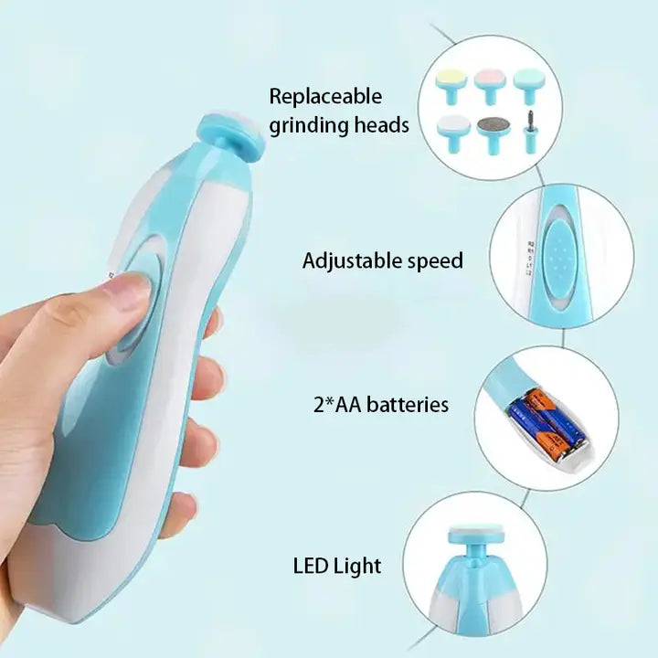 Hand holding Electric Baby Nail File, Gentle Baby Electric Nail Trimmer, Electric Baby Nail Clipper with 7 Grinding Head Replacement Pads showing replaceable grinding heads, adjustable speed dial, battery compartment with 2 AA batteries, and LED light feature.