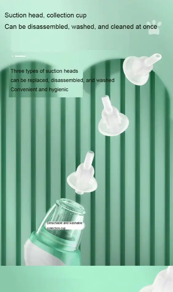 Close-up of an Electric Nasal Aspirator USB-C Rechargeable | Gentle Nasal Aspirator for Infants and Toddlers | 3-Level Suction Nasal Aspirator with Soft Silicone Tips || Nas showing three detachable, washable suction heads and a detachable collection cup on a green background.