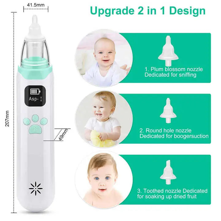Electric Nasal Aspirator USB-C Rechargeable | Gentle Nasal Aspirator for Infants and Toddlers | 3-Level Suction Nasal Aspirator with Soft Silicone Tips || Nas showing three interchangeable nozzles: plum blossom, round hole, and toothed for different uses.