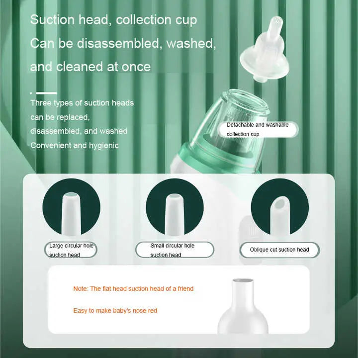 Diagram showing detachable and washable suction heads and collection cup for Electric Nasal Aspirator USB-C Rechargeable | Gentle Nasal Aspirator for Infants and Toddlers | 3-Level Suction Nasal Aspirator with Soft Silicone Tips || Nas, highlighting three suction head types: large circular hole, small circular hole, and oblique cut suction head.