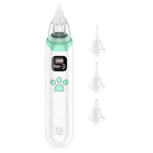 Electric Nasal Aspirator USB-C Rechargeable | Gentle Nasal Aspirator for Infants and Toddlers | 3-Level Suction Nasal Aspirator with Soft Silicone Tips || Nas with three interchangeable silicone tips displayed next to the device.