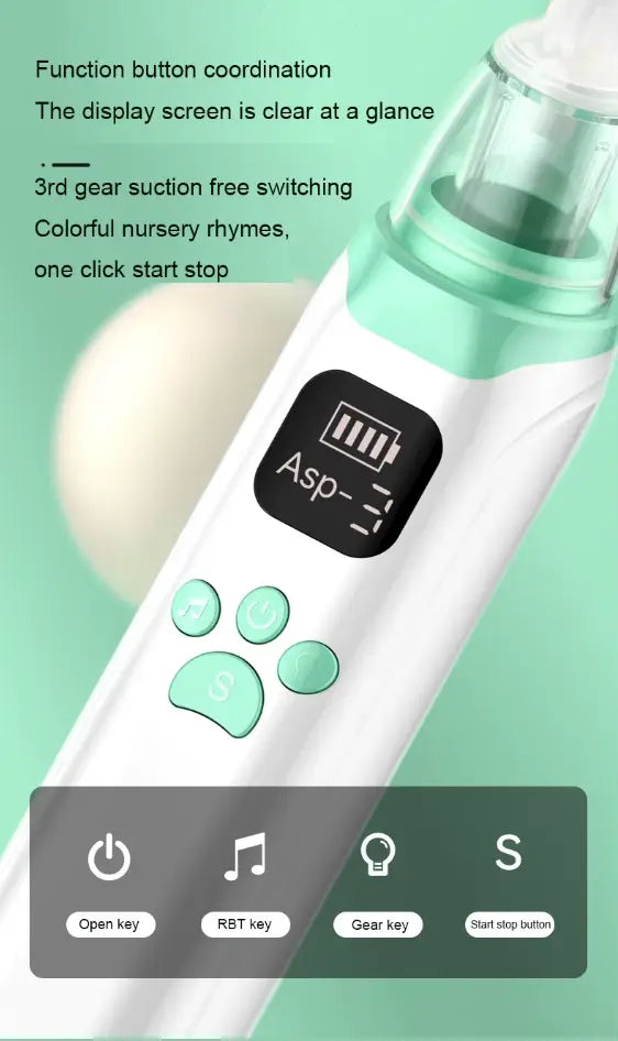 Close-up of electric nasal aspirator USB-C rechargeable with digital display showing battery and suction level, mint green buttons for power, music, light, and suction settings, designed for infants and toddlers.