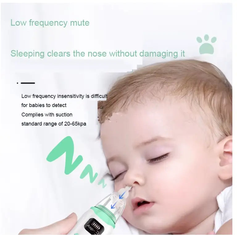 Baby peacefully sleeping while using Electric Nasal Aspirator USB-C Rechargeable | Gentle Nasal Aspirator for Infants and Toddlers | 3-Level Suction Nasal Aspirator with Soft Silicone Tips || Nas to clear the nose gently and quietly.