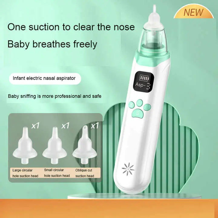 Electric Nasal Aspirator USB-C Rechargeable | Gentle Nasal Aspirator for Infants and Toddlers | 3-Level Suction Nasal Aspirator with Soft Silicone Tips || Nas shown with three different suction heads on green background