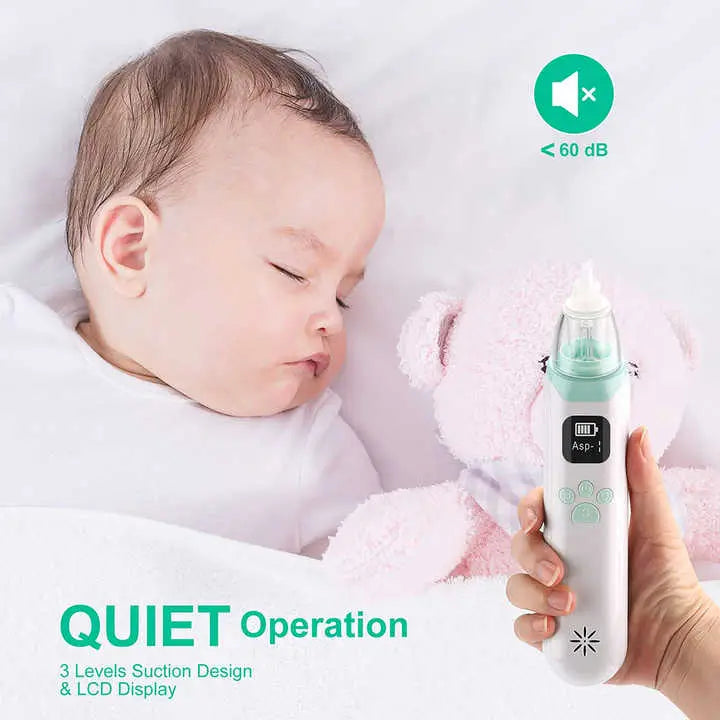 Hand holding Electric Nasal Aspirator USB-C Rechargeable | Gentle Nasal Aspirator for Infants and Toddlers | 3-Level Suction Nasal Aspirator with Soft Silicone Tips || Nas with a sleeping baby and stuffed bear in background highlighting quiet operation under 60 dB and LCD display features.