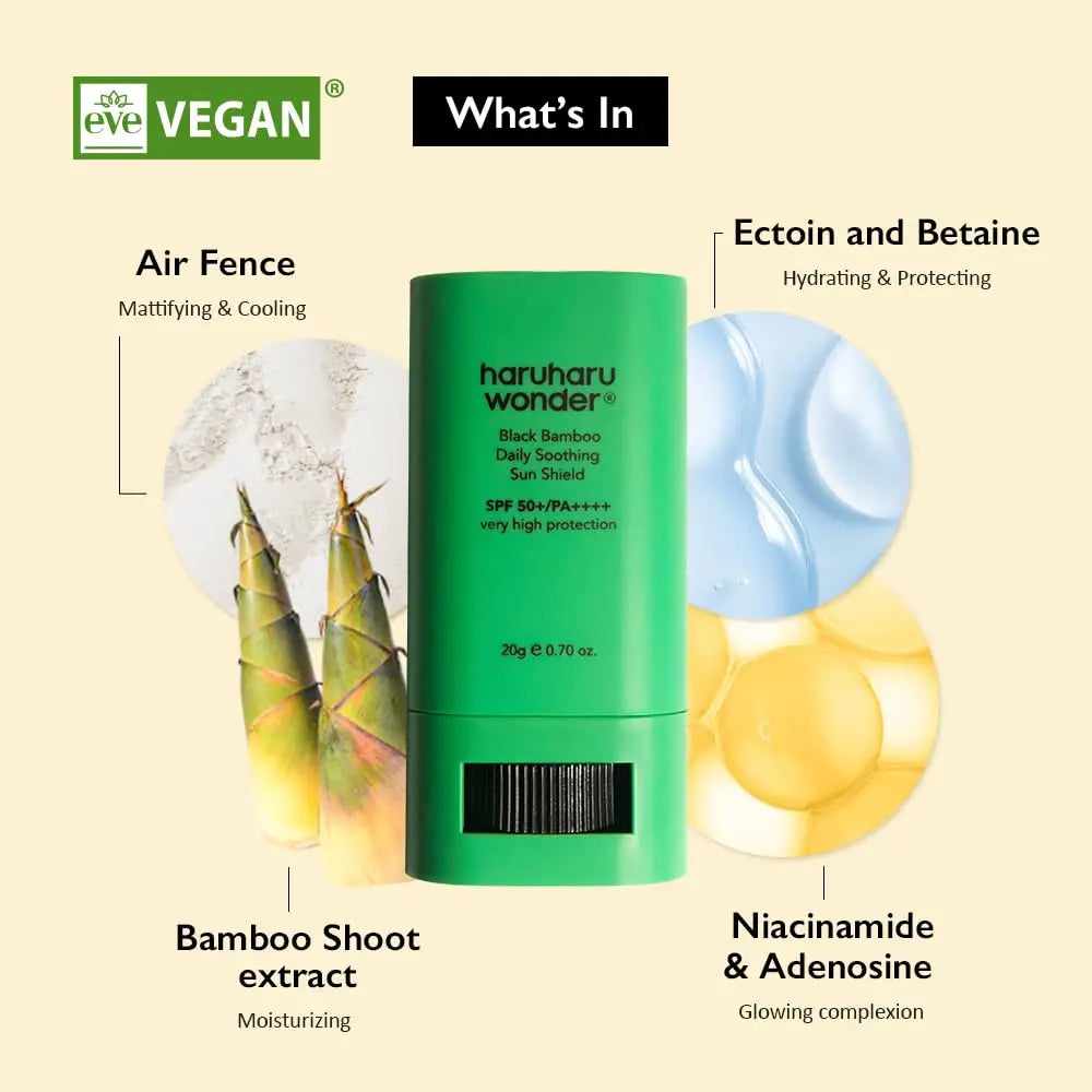 haruharu wonder Black Bamboo Daily Soothing Sun Shield Sunscreen Stick 20g with bamboo shoot extract, air fence for mattifying, ectoin and betaine for hydration, and niacinamide with adenosine for glowing complexion