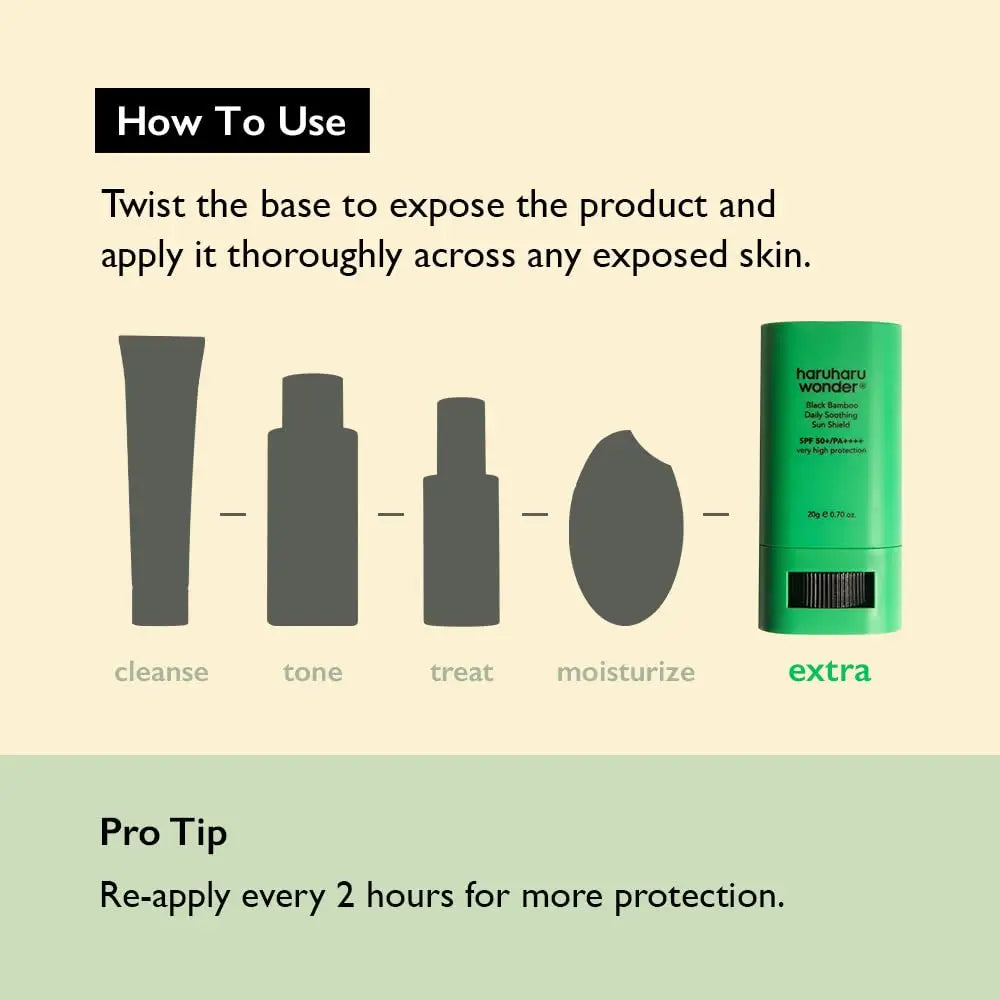 Instructional graphic showing how to use haruharu wonder Black Bamboo Daily Soothing Sun Shield Sunscreen Stick 20g by twisting the base to expose the product and applying it across exposed skin after cleansing, toning, treating, and moisturizing, with a tip to reapply every 2 hours for better protection.