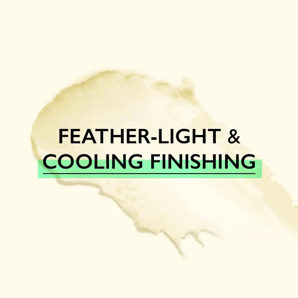 Text "FEATHER-LIGHT & COOLING FINISHING" over a light beige cream texture background highlighting the haruharu wonder Black Bamboo Daily Soothing Sun Shield Sunscreen Stick 20g's lightweight and cooling formula.