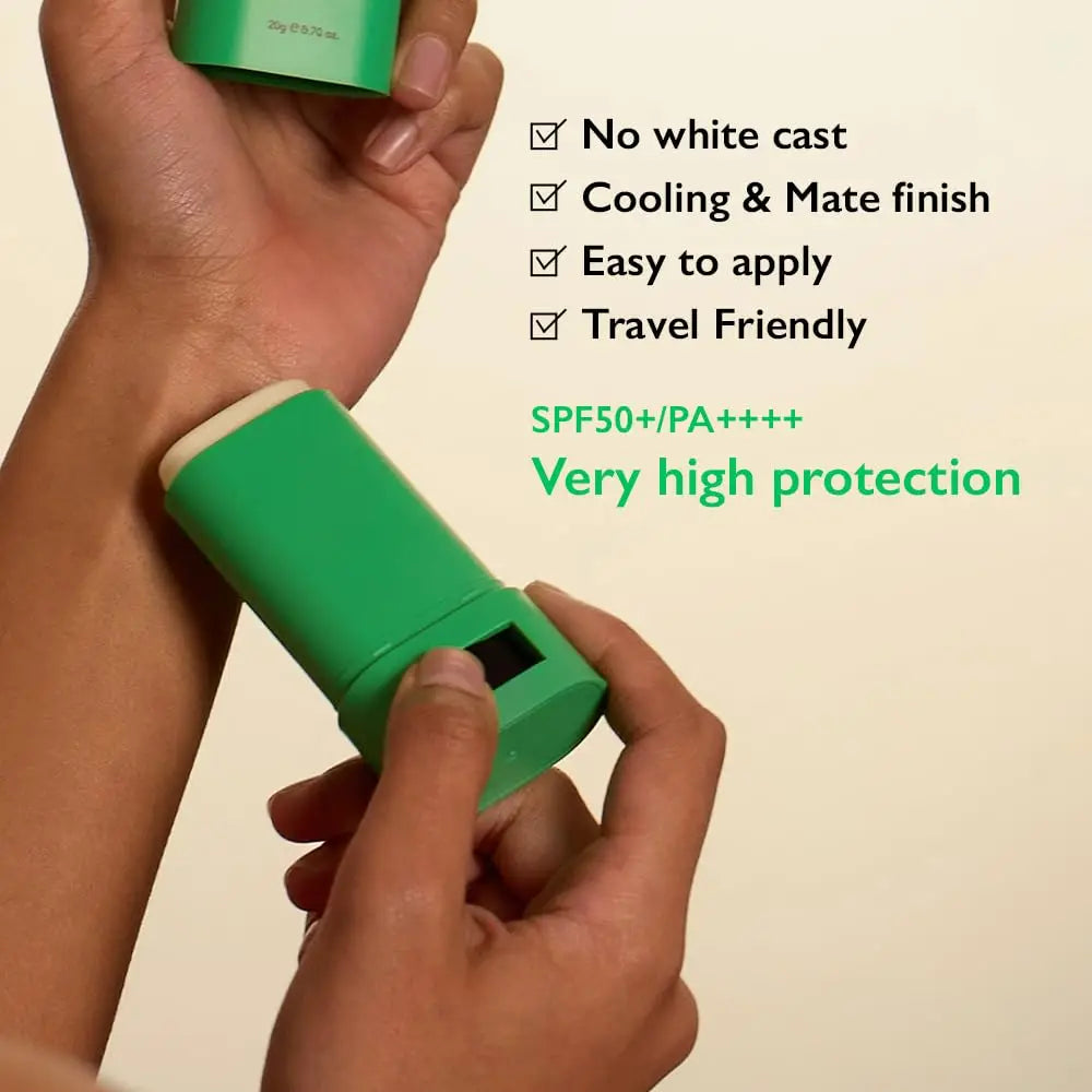 Hands holding a green sunscreen stick with text highlighting haruharu wonder Black Bamboo Daily Soothing Sun Shield Sunscreen Stick 20g features: no white cast, cooling and matte finish, easy to apply, travel friendly, SPF50+/PA++++ very high protection.