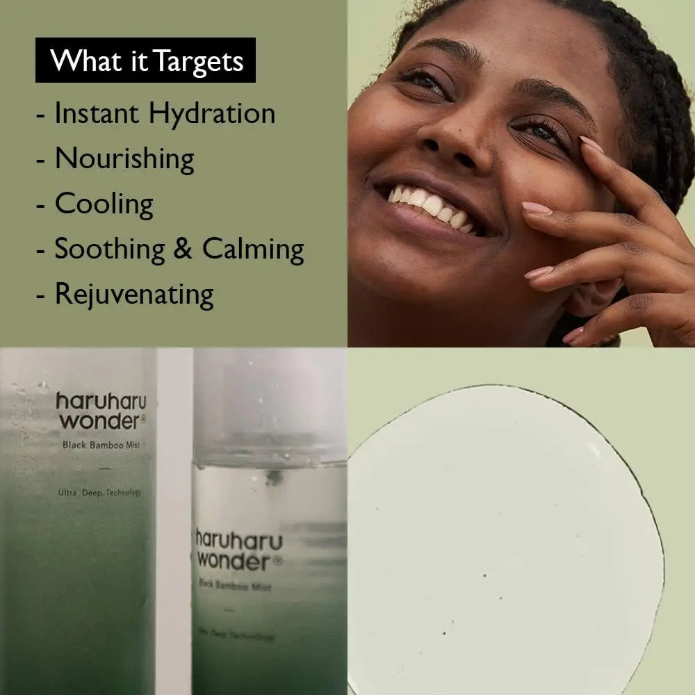 Close-up of a smiling woman with clear skin next to haruharu wonder Black Bamboo Mist 150ml bottle, highlighting its benefits of instant hydration, nourishing, cooling, soothing, calming, and rejuvenating effects.