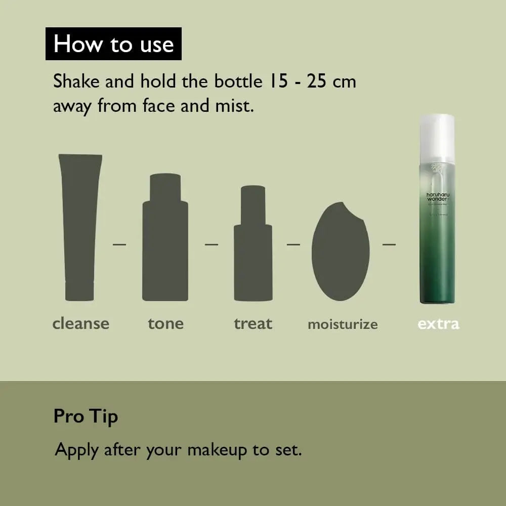 Instructional graphic showing how to use skincare steps cleanse, tone, treat, moisturize, and an extra step with haruharu wonder Black Bamboo Mist 150ml as a mist sprayed 15 to 25 cm from the face, with a pro tip to apply after makeup to set.