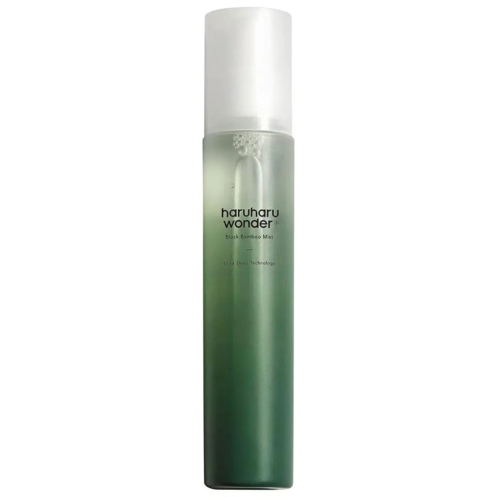 haruharu wonder Black Bamboo Mist 150ml facial mist in a sleek green gradient bottle with a frosted white cap for refreshing and hydrating skin care.