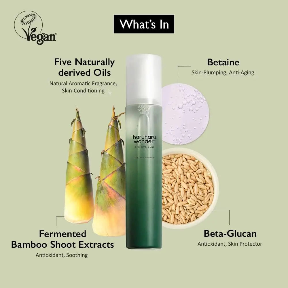 haruharu wonder Black Bamboo Mist 150ml bottle with illustrations of fermented bamboo shoot extracts, beta-glucan grains, and betaine droplets highlighting natural antioxidant, skin-plumping, and anti-aging properties