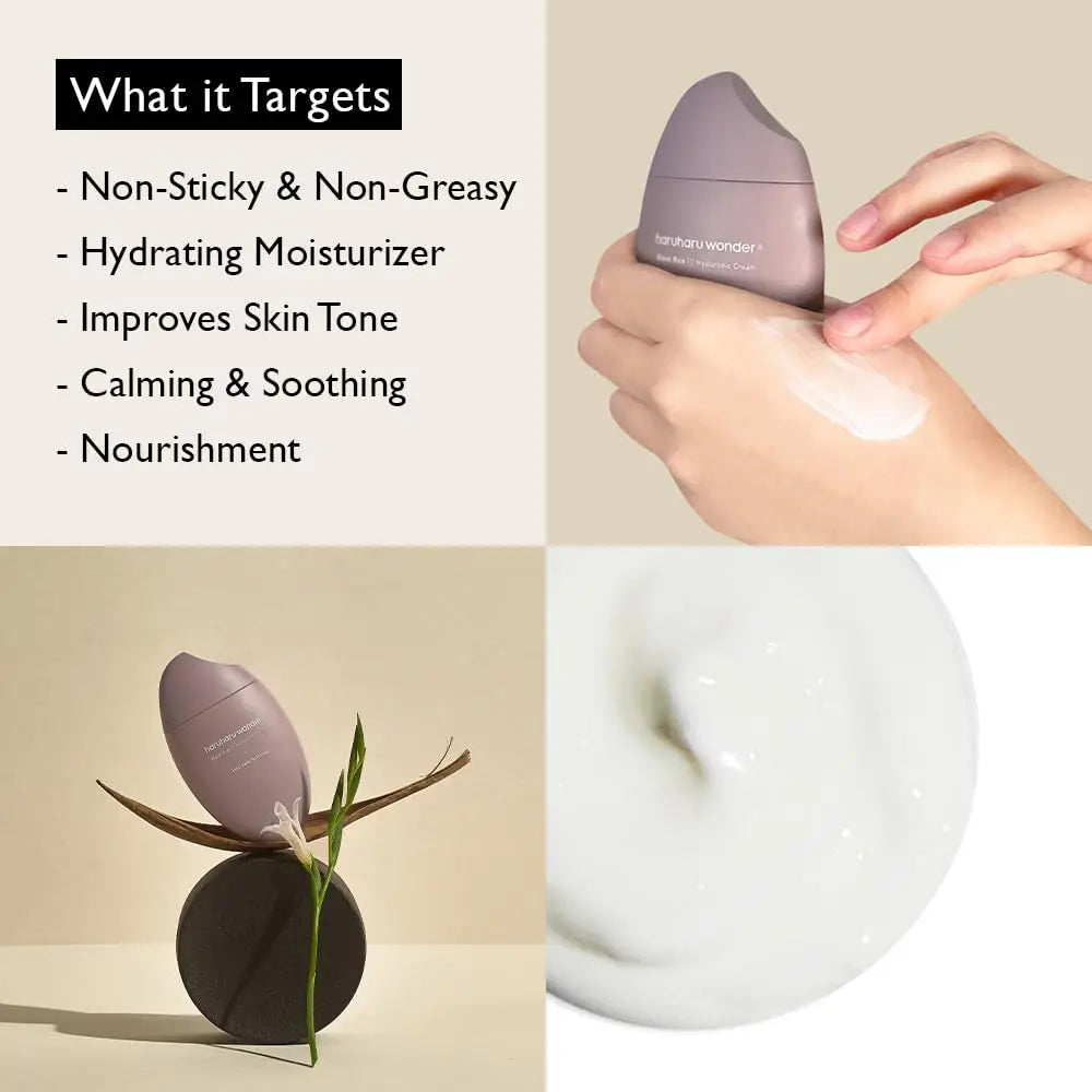Collage showing haruharu wonder Black Rice 10 Hyaluronic Cream 50ml bottle with cream texture, application on hand, and a list of benefits including hydrating, calming, improving skin tone, and non-greasy formula.