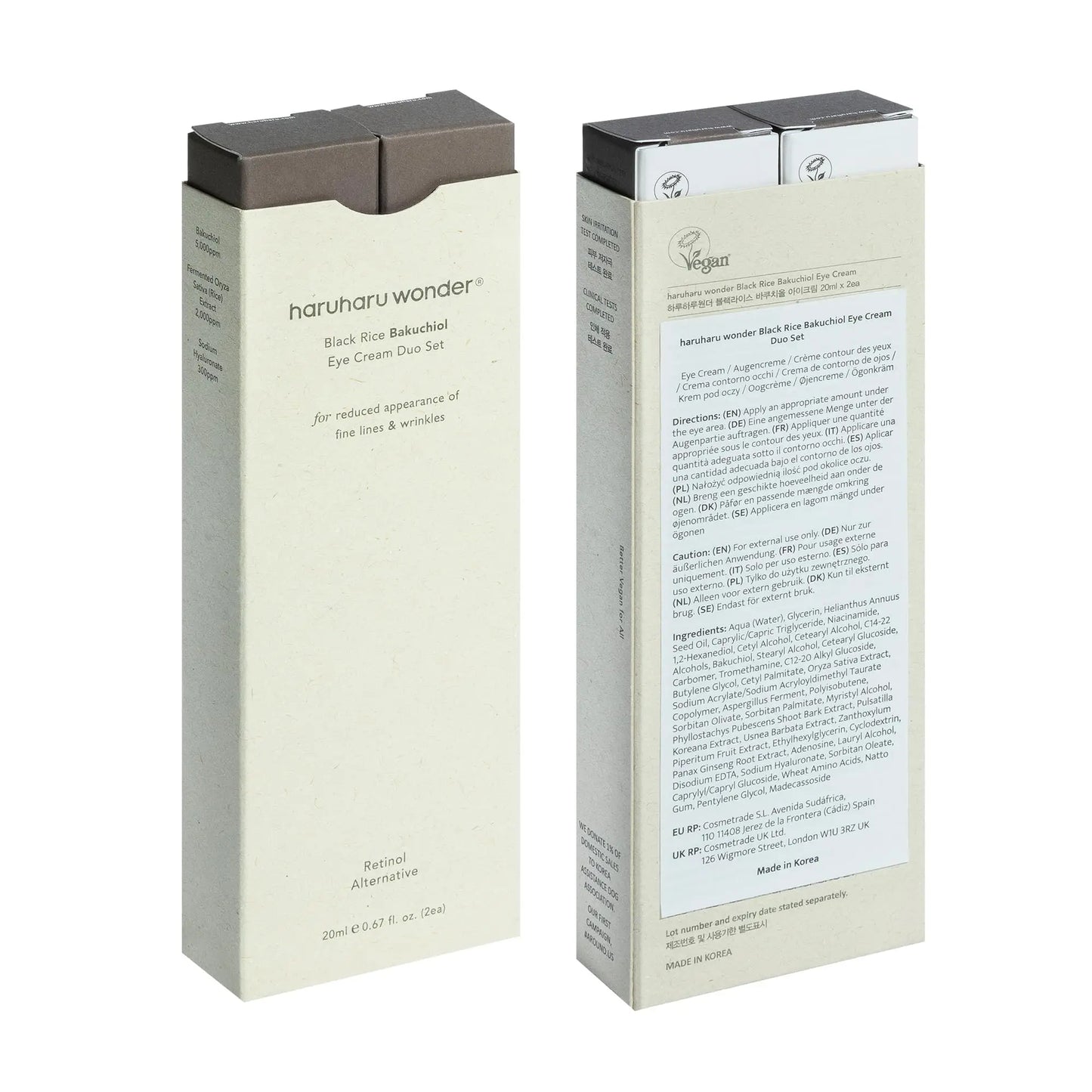 haruharu wonder Black Rice Bakuchiol Eye Cream 20ml, 2pcs packaging box showing front and back views with product details and vegan certification on a white background