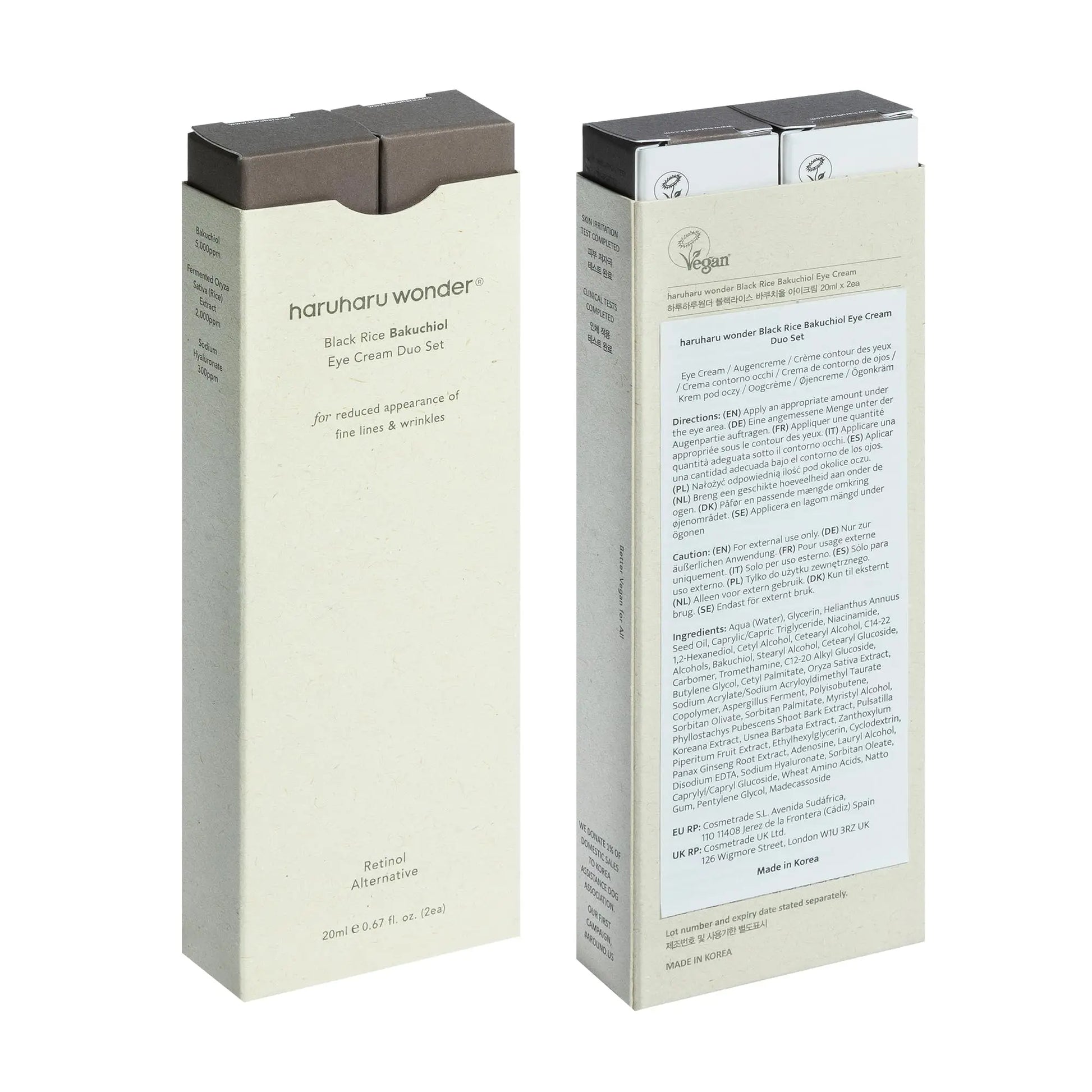 haruharu wonder Black Rice Bakuchiol Eye Cream 20ml, 2pcs packaging box showing front and back views with product details and vegan certification on a white background