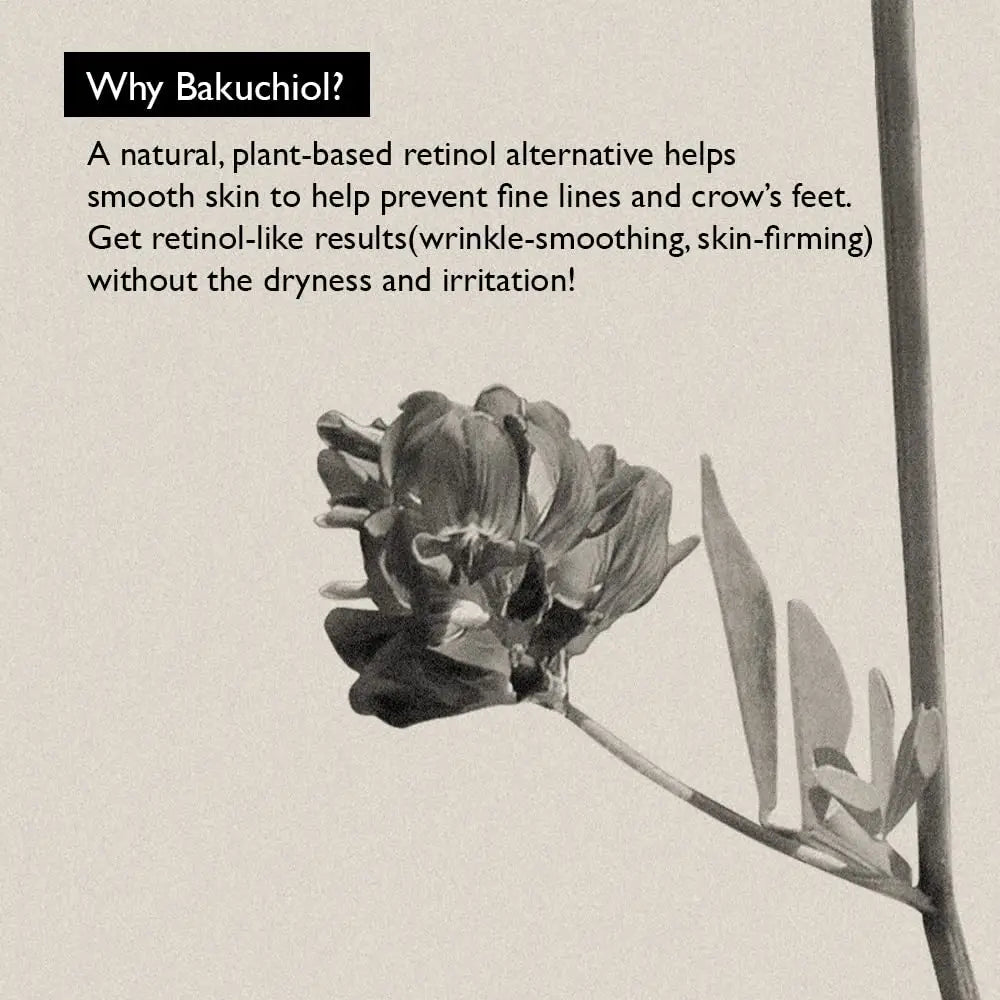 Text graphic explaining that Bakuchiol is a natural, plant-based retinol alternative that helps smooth skin, prevent fine lines and crow's feet, and provides retinol-like wrinkle-smoothing and skin-firming results without dryness or irritation, promoting haruharu wonder Black Rice Bakuchiol Eye Cream 20ml, 2pcs.