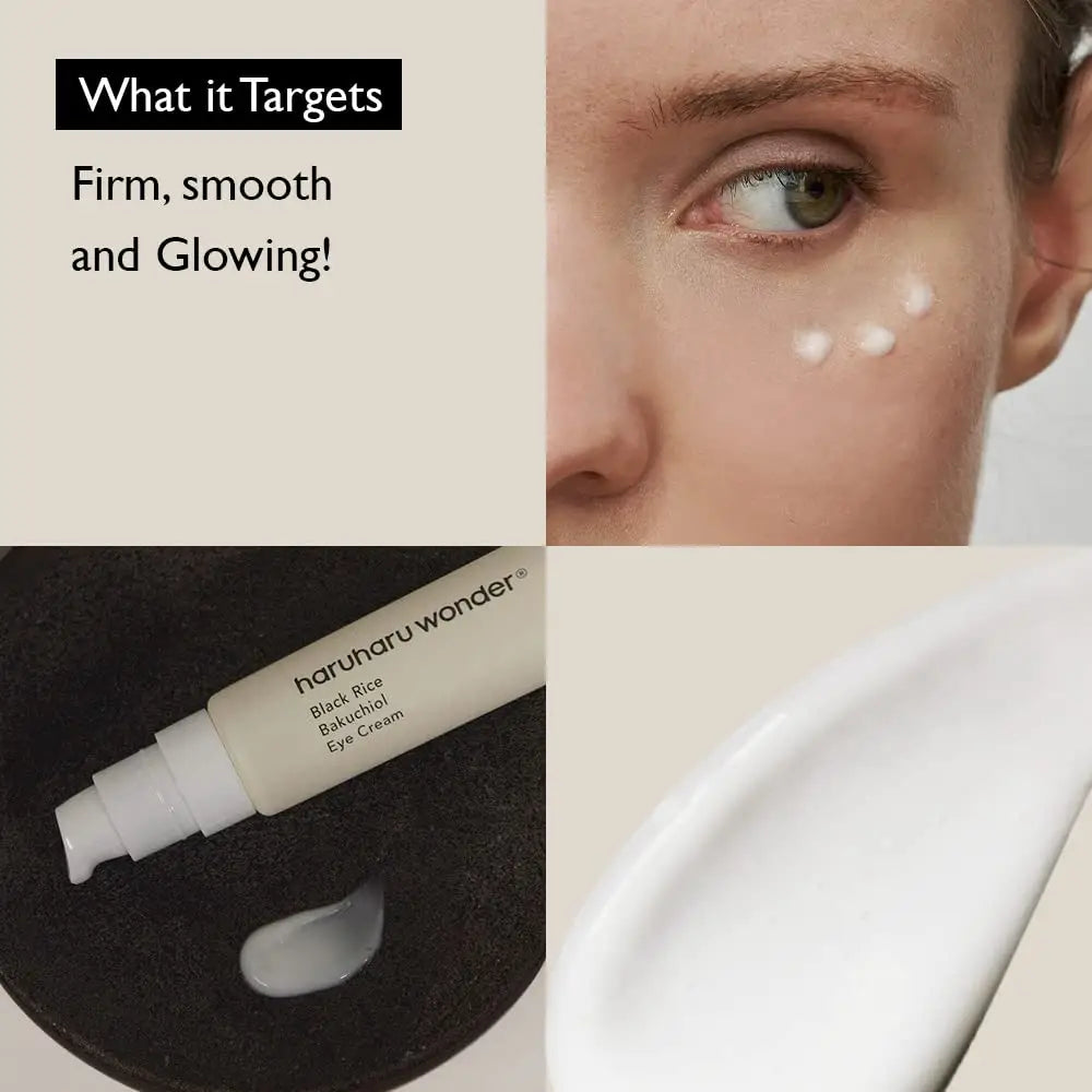 Close-up of a woman's eye with dots of cream applied under it, alongside a tube and texture of haruharu wonder Black Rice Bakuchiol Eye Cream 20ml, 2pcs, highlighting its firming, smoothing, and glowing effects.