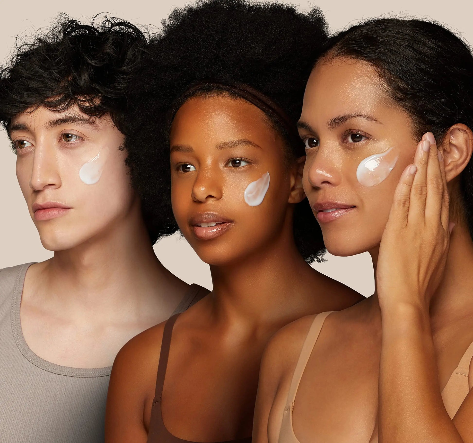 Three diverse models with radiant skin applying haruharu wonder Black Rice Bakuchiol Eye Cream 20ml on their cheeks, showcasing hydration and natural beauty.