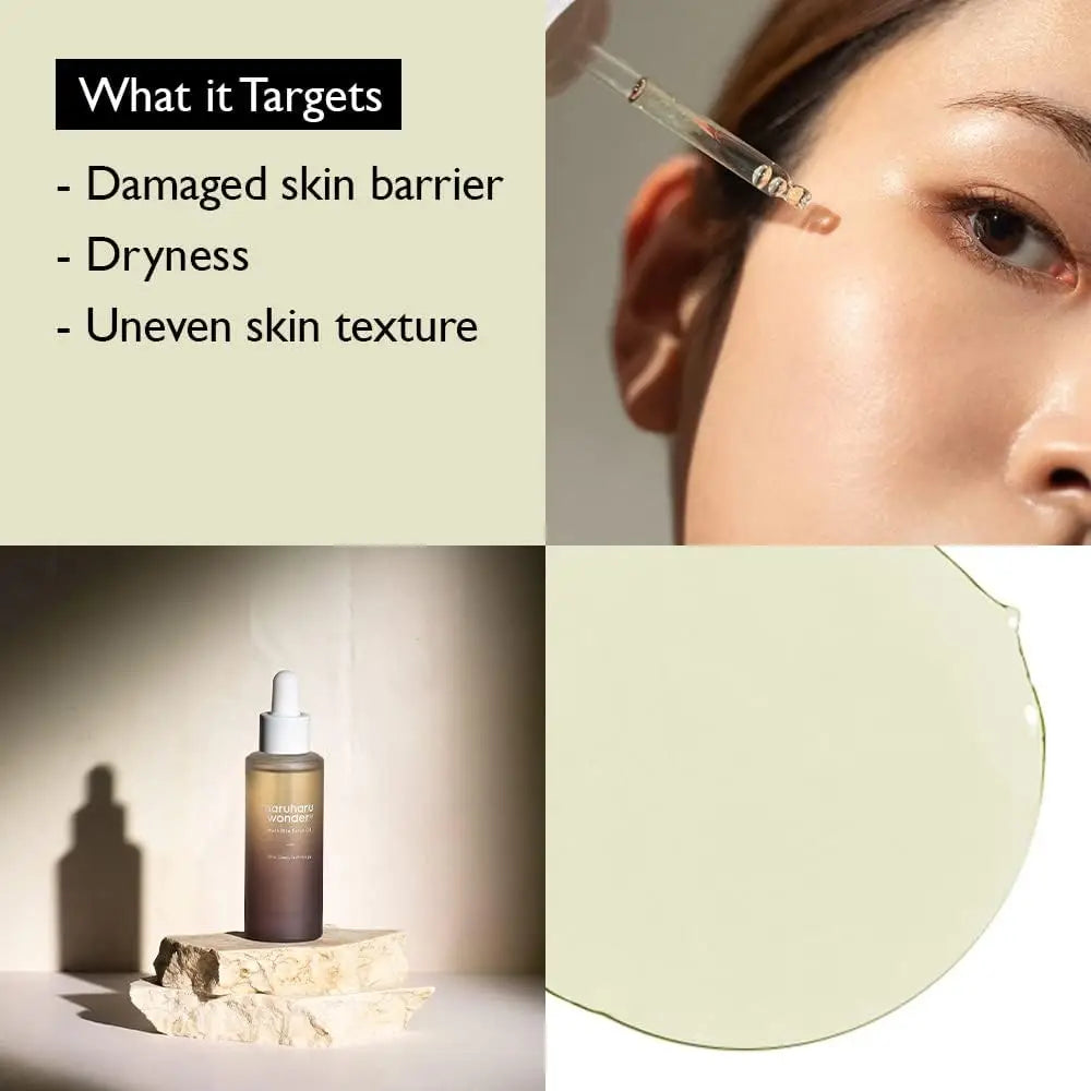 Close-up of a woman applying haruharu wonder Black Rice Facial Oil 30ml with a dropper, product bottle on a stone platform casting a shadow, and a clear oil texture sample, highlighting benefits for damaged skin barrier, dryness, and uneven skin texture.