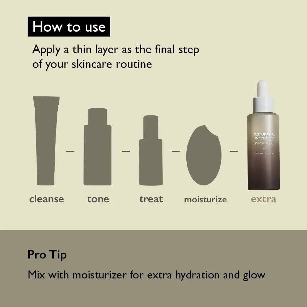 Instructional graphic showing how to use haruharu wonder Black Rice Facial Oil 30ml as the final step after cleansing, toning, treating, and moisturizing with a tip to mix it with moisturizer for extra hydration and glow