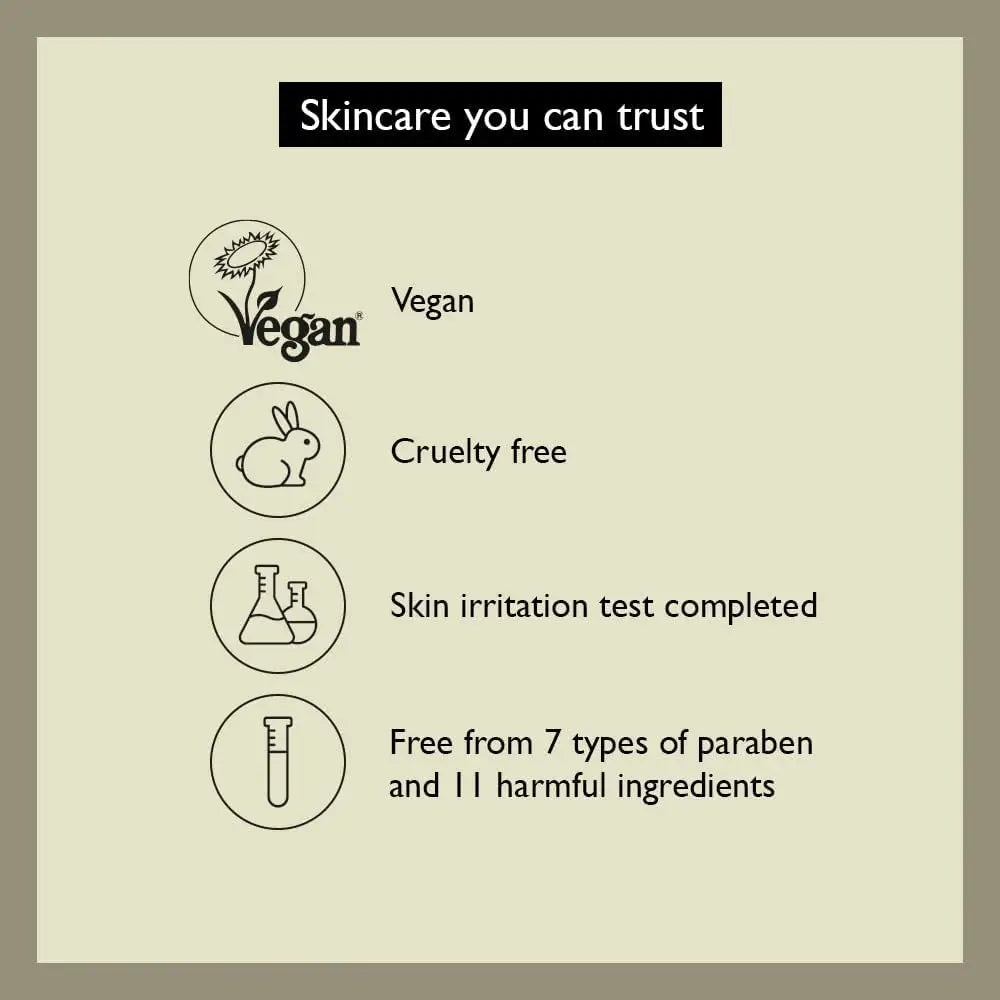 haruharu wonder Black Rice Facial Oil 30ml product information showing vegan, cruelty free, skin irritation test completed, and free from 7 types of paraben and 11 harmful ingredients icons and text on beige background.
