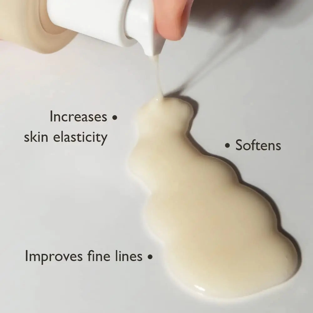 Close-up of a light creamy serum being dispensed with text highlighting benefits: increases skin elasticity, softens, and improves fine lines for haruharu wonder Black Rice Hyaluronic Anti-Wrinkle Serum 50 ml.