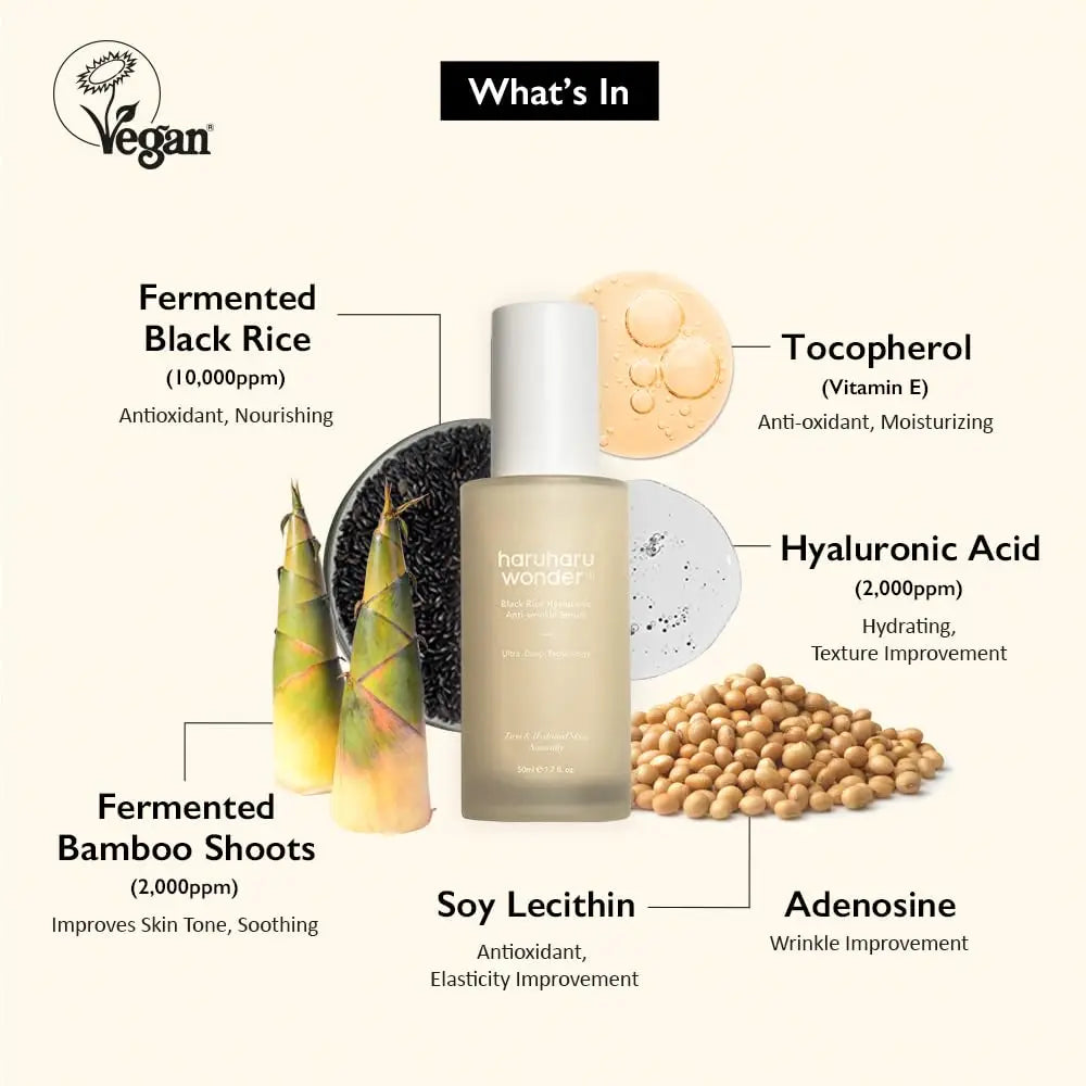haruharu wonder Black Rice Hyaluronic Anti-Wrinkle Serum 50 ml bottle surrounded by natural ingredient illustrations including fermented black rice, fermented bamboo shoots, soy lecithin, tocopherol, hyaluronic acid, and adenosine with descriptions of their skin benefits on a light background