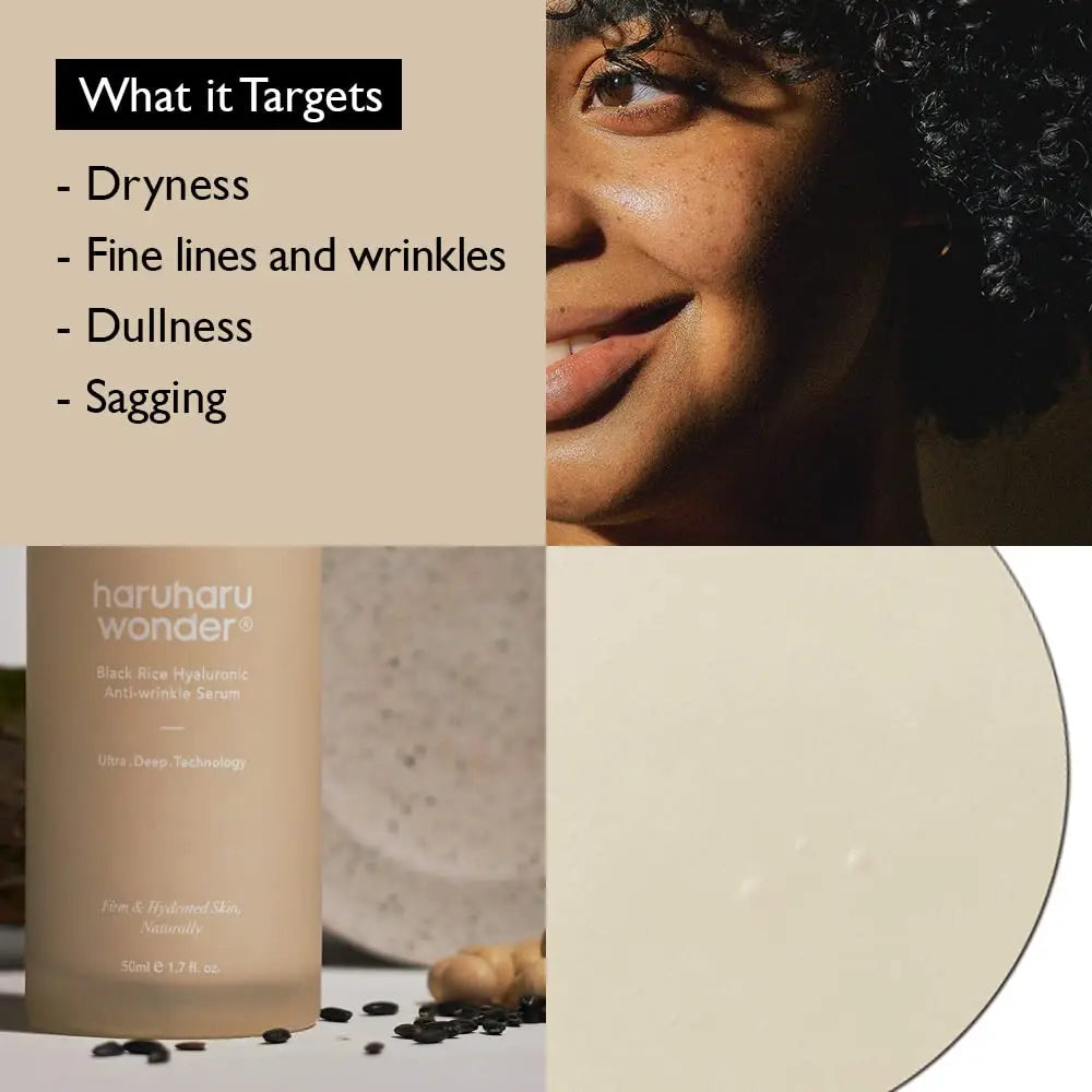 Close-up of a smiling woman with clear skin and text describing targets of dryness, fine lines, wrinkles, dullness, and sagging alongside a brown bottle of haruharu wonder Black Rice Hyaluronic Anti-Wrinkle Serum 50 ml and a swatch of the serum texture on a beige background.