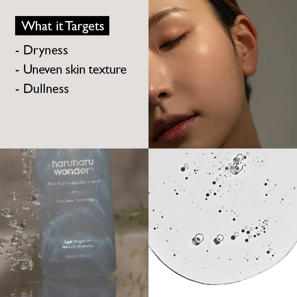 Collage image showing the haruharu wonder Black Rice Hyaluronic Essence 50 ml bottle, a close-up of hydrated, glowing skin, text highlighting its ability to target dryness, uneven skin texture, and dullness, and a magnified view of the essence's hydrating liquid texture.