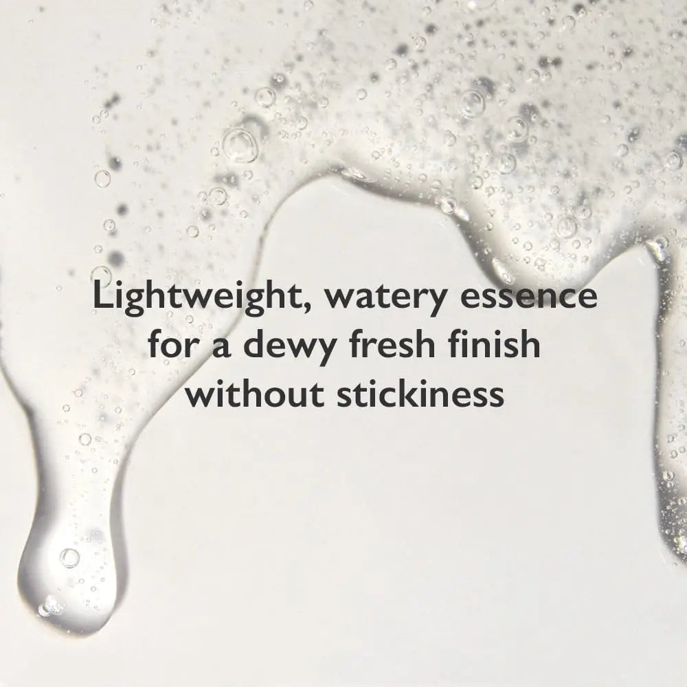 Clear gel texture with bubbles and text describing haruharu wonder Black Rice Hyaluronic Essence 50 ml as a lightweight, watery essence for a dewy fresh finish without stickiness