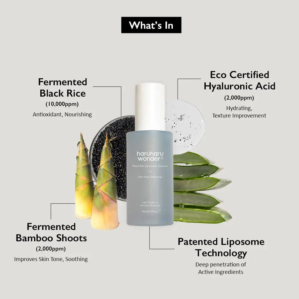 haruharu wonder Black Rice Hyaluronic Essence 50 ml bottle surrounded by illustrations of fermented black rice, fermented bamboo shoots, aloe vera, and hyaluronic acid droplets with text describing key ingredients and benefits.