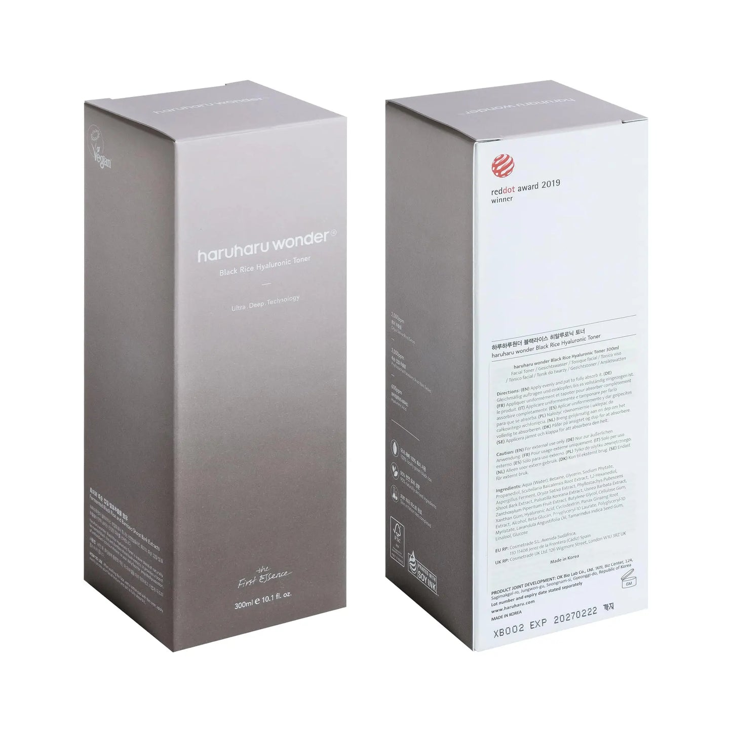 Packaging box of haruharu wonder Black Rice Hyaluronic Toner 300ml shown from front and back with minimalist design, featuring award and product details in soft gray and white tones.