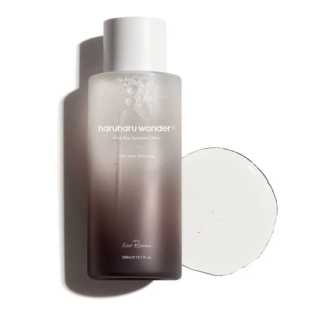 haruharu wonder Black Rice Hyaluronic Toner 300ml bottle with clear gel texture on white background, showcasing hydration and skincare essence.
