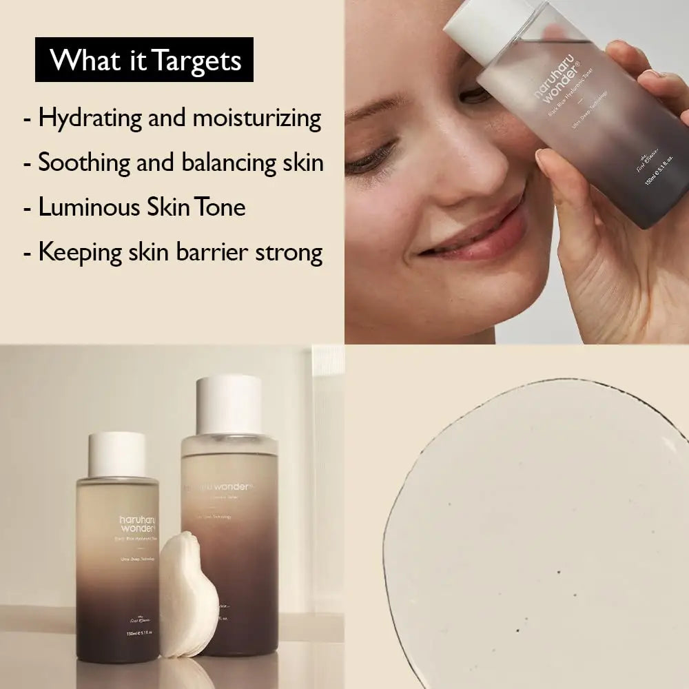 Woman holding haruharu wonder Black Rice Hyaluronic Toner 300ml near her face with images of the product bottles and a list of its skin benefits including hydrating, soothing, luminous tone, and strong skin barrier.