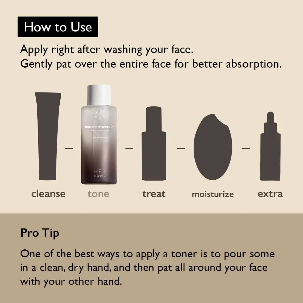 Instructional graphic showing skincare routine steps with an emphasis on toning, featuring haruharu wonder Black Rice Hyaluronic Toner 300ml and tips for gentle application after cleansing.